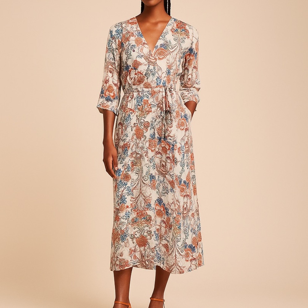 Hayden Los Angeles Boho Floral Cottage Print Quarter Long Sleeve Midi Wrap Dress